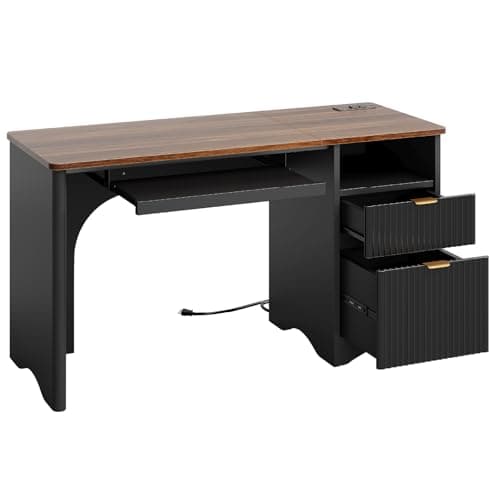 Bestier Computer Desk with Keyboard Tray, 55 inch Office Desk with Power Outlet, Modern Home Office Desk with File Drawer (Walnut with Black, 55" W with Single-Sided Drawers) 9
