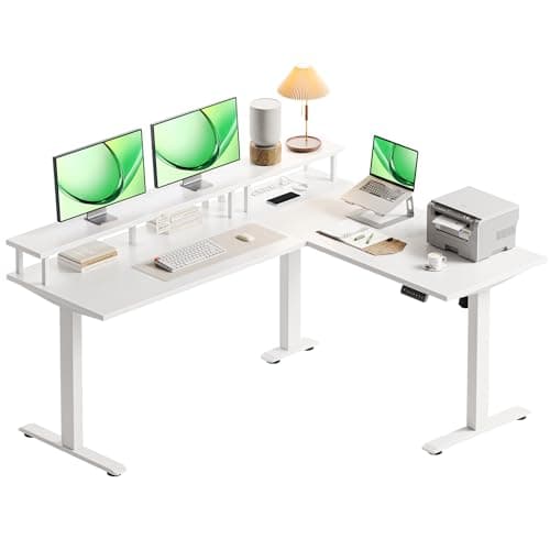 AODK Electric L-Shaped Standing Desk, 59 Inch Height Adjustable Office Desk with Monitor Stand, Sit-Stand Desk with Power Outlets, Large Lift Table for Home, Office, Workstation, White