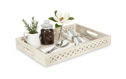 Mela Artisans Trellis Whitewash Mango Wood Serving Tray with Handles – Handcrafted Wooden Tray for Coffee Table, Kitchen Countertop, Snacks & Home Decor – Medium, 16 x 12 x 2.5