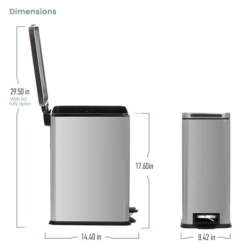 Home Zone Living 4 Gallon Slim Kitchen Trash Can with Soft Close Lid and Step Pedal, Stainless Steel Wastebasket with Removable Liner, Silver 8