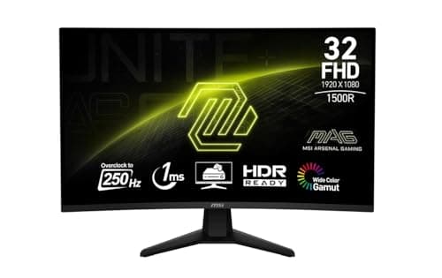 msi MAG 32C6X 31.5-inch 1920 x 1080 (FHD) Computer Monitor, 250Hz, Adaptive-Sync, HDR Ready, HDMI, VGA Port, Display Port, VESA Mountable, Tilt, Speaker, 1ms, Black