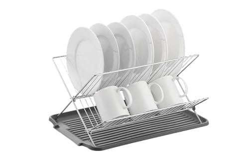 J&V TEXTILES Foldable Dish Drying Rack with Drainboard, Stainless Steel 2 Tier Dish Drainer Rack, Collapsible Dish Drainer, Folding Dish Rack for Kitchen Sink, Countertop, Cutlery, Plates (Gray) 7