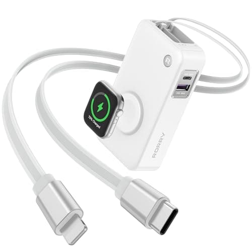 RORRY Portable Charger, 10,000mAh 30W Fast Charging Power Bank with Built-in Retractable Cables, Travel Battery Pack for iPhone 17/16/15/14/13/12, Apple Watch, iPad and More, White