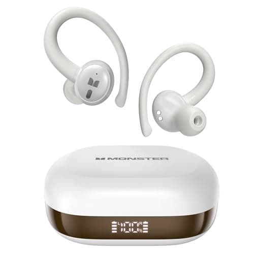 Monster N-Lite 216 Wireless Earbuds, Sports Ear Buds with Earhooks, ENC Noise Cancelling Mic,IPX6 Waterproof. Bluetooth 6.0 Headphones Stereo Bass Ear Buds 48H Playtime with LED Display White