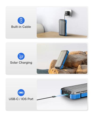 Solar Charger Power Bank, 49800mAh Wireless Portable Phone Charger, 15W QC3.0 Fast Charging External Battery Pack with 4 Built-in Cables, USB-C in/Output, with Dual Flashlights for Outdoor (Blue) 6