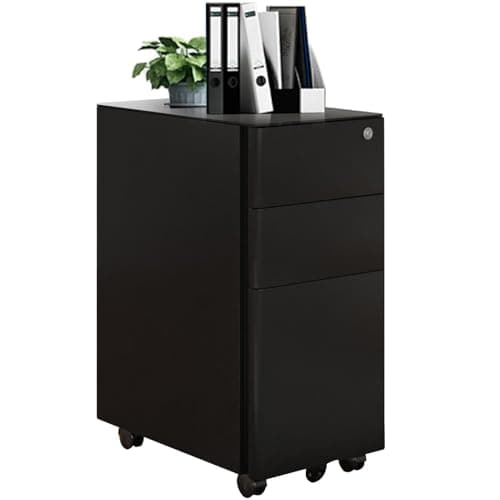 EcoHarbor Living 3 Drawer Small File Cabinet with Lock, Metal Filing Cabinets for Home Office, Anti-Tilt Rolling and Under Desk Cabinet for Letter/Legal/A4 File, Pre-Assembled, Black