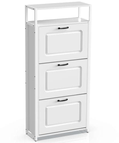 HAIOOU Shoe Cabinet with 3 Flip Drawers, Slim Wooden Shoe Rack Freestanding Storage Organizer Stand with 3 Flip Doors, Robust Metal Frame, Open Storage Shelf for 15-18 Pairs - White