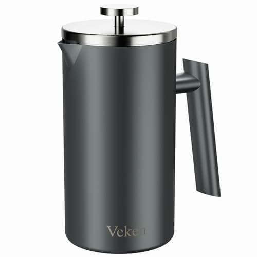 Veken French Press Plunger Coffee Tea Maker 34 Ounce 1 Liter, Double Wall Vacuum Insulated Stainless Steel Coffee Press with 4 Filter Screens for Camping Travel Gifts, Dishwasher Safe, Grey