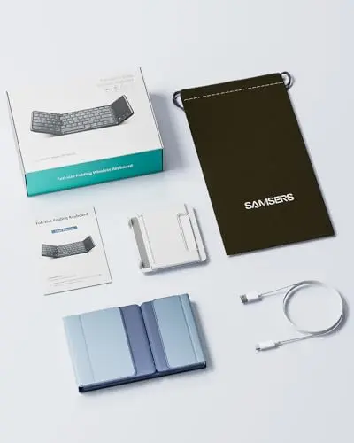 Samsers Foldable Bluetooth Keyboard with Numeric Keypad, Full-Size Wireless Folding PU Leather, Portable Travel for iOS Android Windows Mac OS, Support 3 Device(BT5.1 x 3) Blue 9