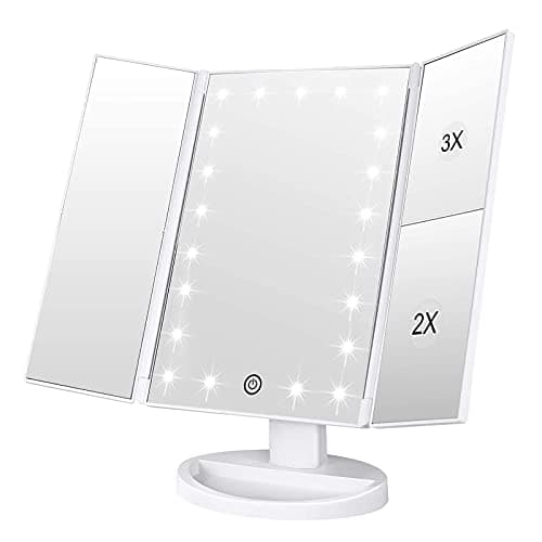 WEILY Makeup Mirror with 21 LED Lights,Two Power Supply Modes, Adjustable Touch Screen and 1x/2x/3x Magnification Tri-Fold Vanity Mirror,Chargeable Travel Cosmetic Mirror for Desktop(White)