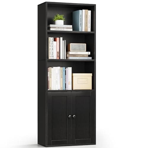 Casaottima Bookshelf and Bookcase with Doors, Floor Standing 5-Tier Shelf Display Storage Shelves, Tall Bookcases for Home Office, Living Room, Black