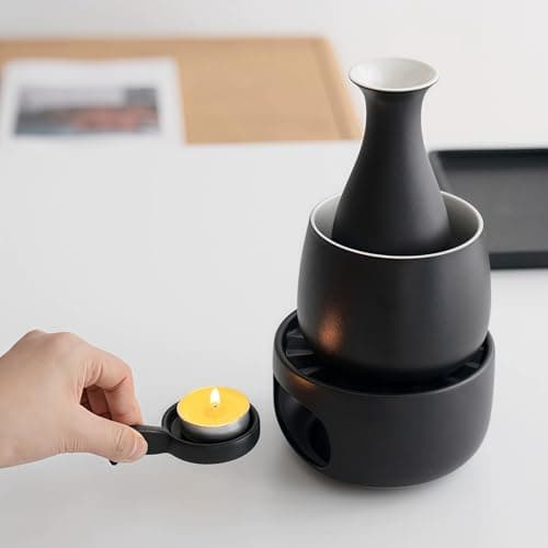 Hoffnugshween Stoneware Teapot Warmer with Safety Candle Spoon - Rustic Coarse Pottery Tea Heater Base with Vent Holes, Matte Finish Zen Decor for Glass & Ceramic Teapots, Coffee, Hot Sake (Black) 7