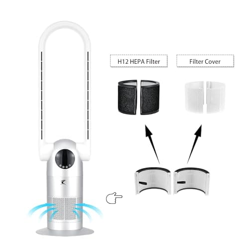 Ocean Loong Bladeless Tower Fan with Air Purifier - Oscillation & Tilt Head - Quiet Cooling Fan for Bedroom Home Office 9 Speeds 9Hours Timer and Remote Control (Silver, 39”) 5