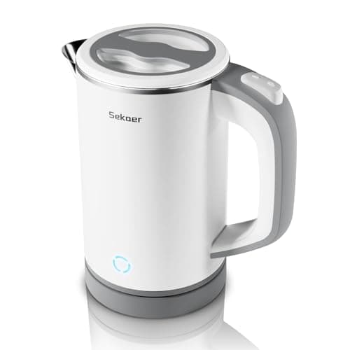 Sekaer Small Electric Tea Kettle Stainless Steel 0.8L Portable Travel Hot Water Boiler, Mini Electric Coffee Kettle with Auto Shut-Off & Boil Dry Protection, Cordless Base & White