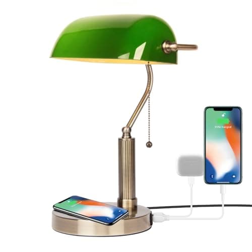 FIRVRE Glass Bankers Desk Lamp USB Wireless Charging Port LED Desk Lamp Classic Retro Pull Chain Switch Table lamp Reading Modern for Home Office nightstand Bedside Study Desk Library (Green)