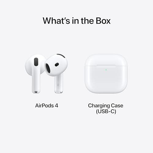Apple AirPods 4 Wireless Earbuds, Bluetooth Headphones, Personalized Spatial Audio, Sweat and Water Resistant, USB-C Charging Case, H2 Chip, Up to 30 Hours of Battery Life, Effortless Setup for iPhone 6