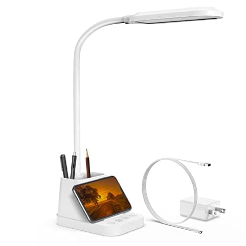 AXX White LED Desk Lamp with USB Charging Port, Flexible Gooseneck Table Light, 650LM, Phone Mount, Pen Holder, Timer Settings, Study Essentials for College Dorm Room Home Office Bedroom