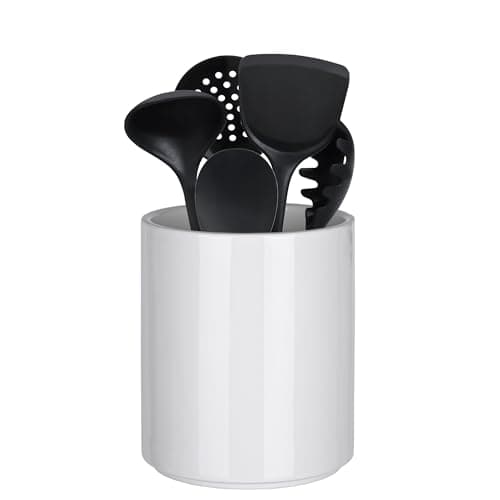 Allybyme Utensil Holder Kitchen Utensil Holder for Countertop, Ceramic Cooking Utensil Holder for Kitchen Counter, Large Modern Spatula Holder Utensil Organizer Kitchen Decor, 6.5”H x 5.5”D White