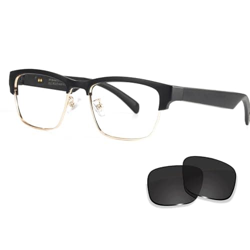 Smart Glasses Bluetooth Audio Glasses for Men Women with Built-in Mic & Speakers, Blue Light Filter & Polarized Sunglasses Lenses, Voice Assistant, Open Ear Music & HD Calling (Black Gold)