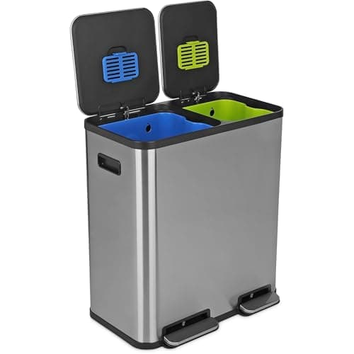 Simpli-Magic 18.5 Gallon (40L x 30L) Dual Compartment Step Trash Can – Kitchen Garbage Can with Waste & Recycling Bins – Slow-Close Lid, Odor Control, Hands-Free, Stainless Steel