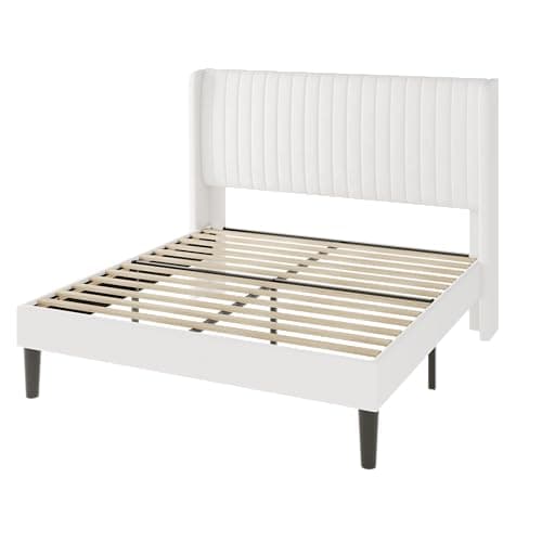 Allewie Queen Size Velvet Bed Frame/Vertical Channel Tufted Wingback Headboard/Upholstered Platform Bed/Strong Wooden Slats/No Box Spring Needed/Easy Assembly/White 9