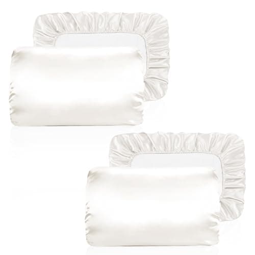 Yanideer Satin Pillowcase for Hair & Skin Travel Elastic Band Cooling Satin Pillowcases - Satin Pillow Case Cover Pillow Cases Standard Size Queen, White