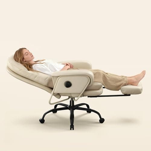 FLEXISPOT Luno 2-in-1 Chaise Lounge Chair Indoor with Wheels Footrest 90-165° Reclining Lumbar Support, Home Office Chairs for Living Room Bedroom Study Working Relaxing, Leather, Beige White
