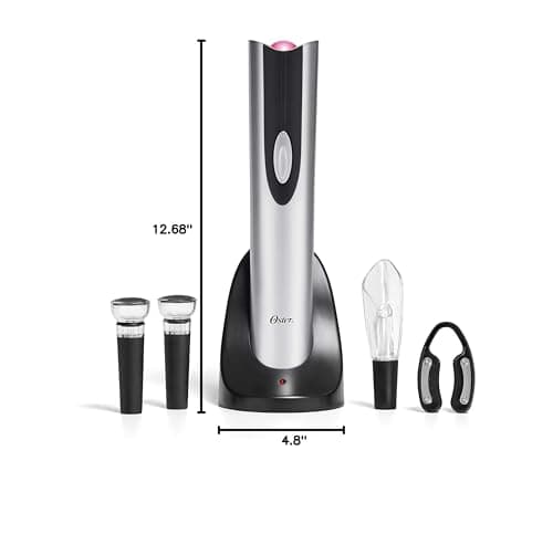 Oster Electric Wine Opener, Foil Cutter, Wine Pourer and Vacuum Wine Stoppers with CorkScrew and Charging Base, Black 7