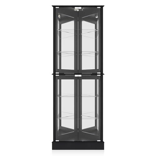 BELLEZE Lighted Corner Display Curio Cabinet Wooden Shelving Unit with Tempered Glass Door, Bar and Liquor Storage Area with 6 Shelves - Woody (Black)