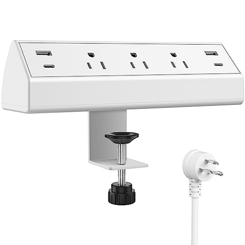 Jgstkcity Desk Clamp Power Strip,40W Total Fast Charging Station,2 PD 20W USB C Ports,Desk Edge Mount Surge Protector for Home, Office,3 Outlets,Fit 1.96" Tabletop Edge,ETL Listed,White