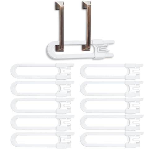 Vmaisi 10 Pack Baby Sliding Cabinet Locks - Adjustable U Shaped Child Safety Locks,Childproof Latches for Kitchen Bathroom Storage Cupboards Doors, Handles and Knobs White (10)