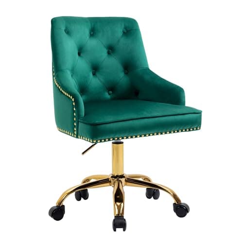 MOJAY Modern Mid-Back Tufted Velvet Office Chair, Swivel Height-Adjustable Home Desk Chair,Cute Velvet Soft Seat Vanity Chair with Rivet and Arm Support (Green)