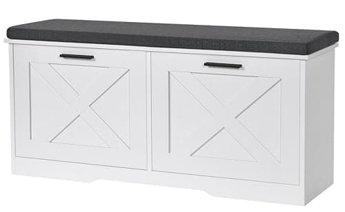 Homleke Shoe Storage Bench with 2 Flip Drawers, Entryway Bench with Padded Seat Cushion, Shoe Cabinet with 2 Barn Doors, 11.8" D x 39.4" W x 18.4" H, for Entryway, Living Room, Bedroom, White 8