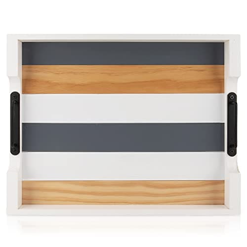 Wood Serving Tray with Metal Handle for Ottoman, Modern Rectangle Coffee Table Tray for Food Eating, White Decorative Tray, Size 17''x13'', Multicolor