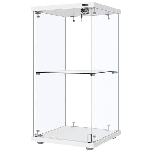 VIVOHOME 2 Layers 15.7''W x 15.7''D x 31.9''H Glass Display Cabinet Showcase Countertop with Lock, Tempered Glass 25mm MDF Base