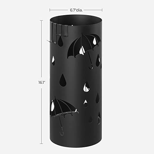 SONGMICS Umbrella Stand, Metal Umbrella Holder for Entryway, with Water Tray and 4 Hooks, 6.7 x 6.7 x 16.1 Inches, Round, Ink Black ULUC024B01 5