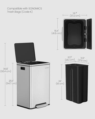 SONGMICS Trash Can, 13-Gallon Gabbage Can, with 15 Trash Bags, Stainless Steel, with Soft-Close Lid, Removable Inner Bucket, Handles, Silver ULTB595E01 6