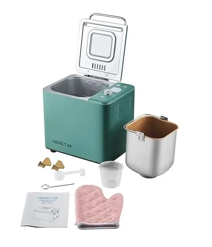 Neretva Bread Maker, 20-IN-1 2LB Bread Machine Dual Heater Bread Maker Machine Automatic with Nonstick Ceramic Pan, 15H Timer & 1H Keep Warm Set, Low Noise, Stainless Steel Breadmaker Recipe-Green 8