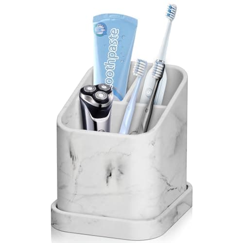 DOLED Electric Toothbrush Holder for Bathroom: White Marble Toothbrush and Toothpaste Organizer Stand 3 Slots, Makeup Brush Storage Caddy for Vanity