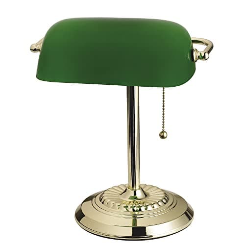 Catalina Lighting 17466-017 13.5'' Traditional Banker's Lamp Light Fixture with Green Glass Cylinder Shade for Office, Library, Living Room, or Dorm, Polished Brass