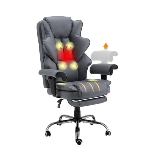 HOMREST 6-Point Massage Executive Chair,Heat Office Chair,Ergonomic Home Office Desk Chairs with Retractable Footrest and Reclining Function,Leather Computer Chair with Adjustable Armrest(‌SlateGray‌)