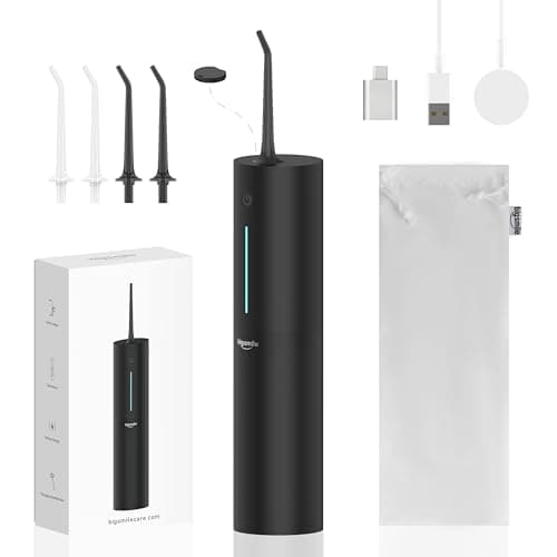 Bigsmile Black Water Flosser Cordless Portable Dental Irrigator Travel Shower Strong Pick Floss IPX7 200ML Must Have for Kids Braces Bridges (Black 6
