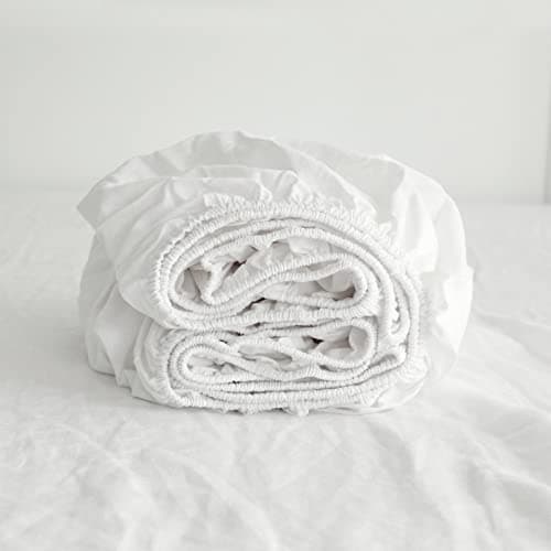 Simple&Opulence Linen Fitted Sheet (1 Piece) - 14 Inch Deep Pocket Mattress Cover Natural Flax Cotton Blended Soft Breathable Bedding - White, Twin Size