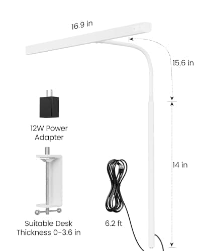 SUPERDANNY LED Desk Lamp for Home Office, Eye-Caring Desk Light with Adjustable Gooseneck, 12W Touch Control Dimmable Brightness, Architect Clamp Lamp with USB Adapter, White 6