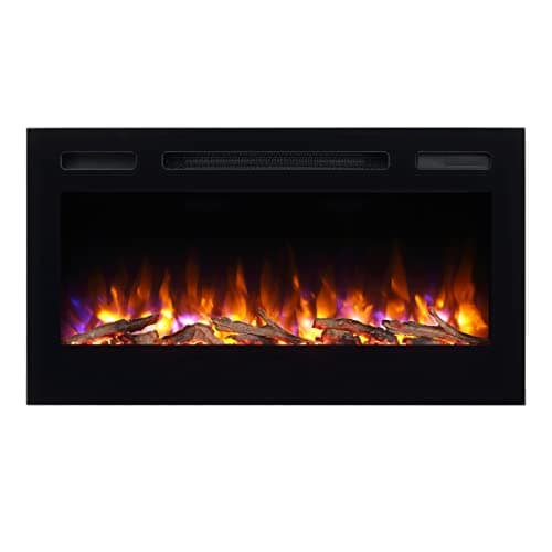 PuraFlame Alice 36 Inches Recessed Electric Fireplace, Flush Mounted for 2 X 6 Stud, Log Set & Crystal, 1500W Heater, Black