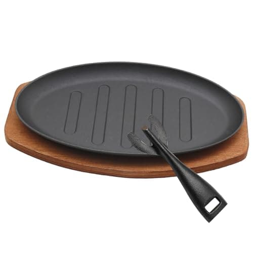 Cast Iron Steak Plate Sizzle Griddle, Round Shape Grill Fajita Server Plate, with Wooden Base Steak Pan, Household use or Restaurant Supply (10" Diameter)