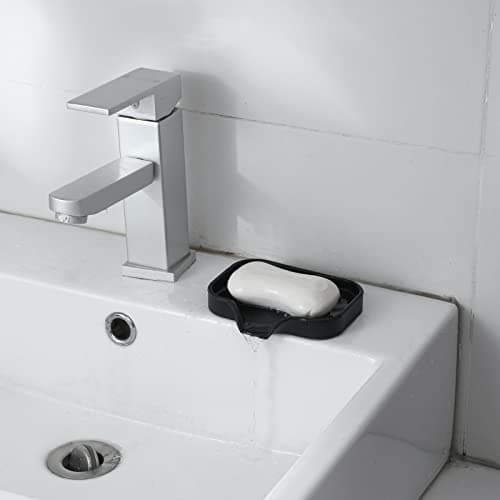 MicoYang Silicone Bathroom Soap Dishes with Drain Spout-Bathroom and Kitchen Sink Organizer,Sponge Holder,Dish Soap Tray,Perfect for Dispenser,Scrubber,Bottle,Cup on Sink or Counter-Black 4.9"×3.2" 8