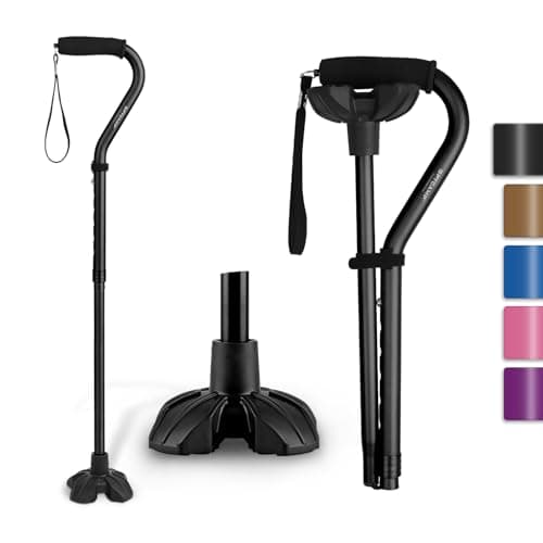 GPTCAMP G1 Walking Stick, Walking Cane for Women & Men with Wrist Strap, Lightweight & Sturdy Offset EVA Handle, Large Quad Base, Self Standing for Seniors and People with Injuries & Recovery