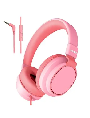 MIDOLA Kids Headphone Wired Volume Limited 85/94dB Over-Ear/On-Ear Foldable Headset with Microphone Hearing Protection Headphones for Toddler Boy Girl Child School Learning Pad Tablet Pink