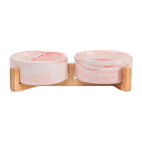 Marble Pink Ceramic Cat Dog Bowl Dish with Wood Stand No Spill Pet Food Water Feeder Cats Small Dogs Set of 2